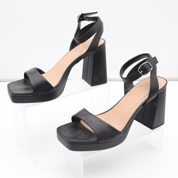 A New Day Black Platform Block Heel Sandals Square Toe Ankle Strap Womens Size 9