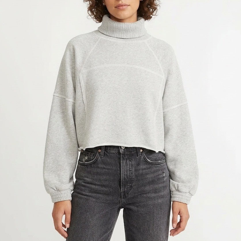 Aerie Cropped Sweater Womens Medium Gray Knit Cotton Turtleneck Raglan Sleeve