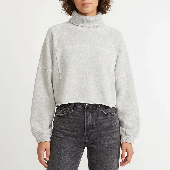 Aerie Cropped Sweater Womens Medium Gray Knit Cotton Turtleneck Raglan Sleeve