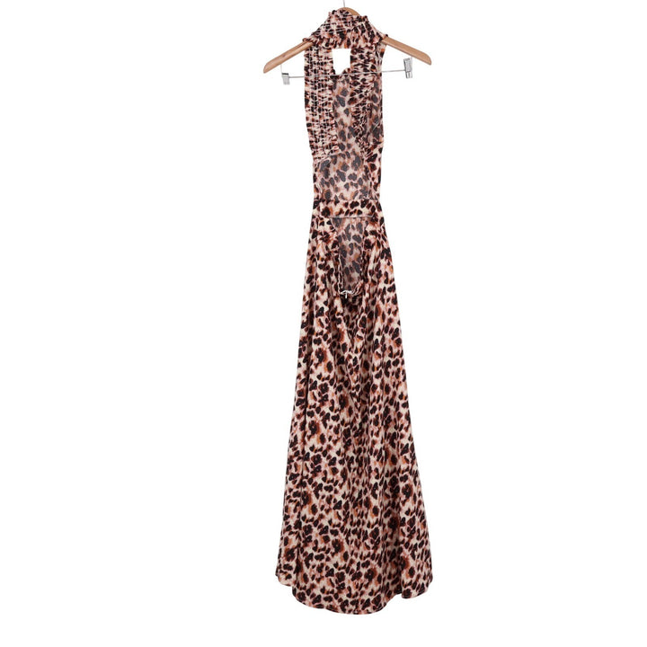 Shein Leopard Print Halter Maxi Dress Brown Tan Open Back Sleeveless Medium