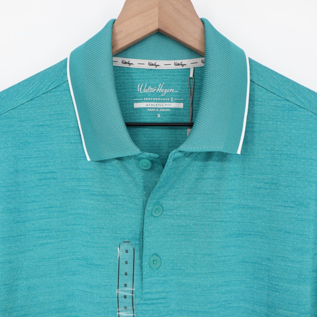 Walter Hagen Mens P11 Birdseye Athletic Fit Golf Polo Dark Aqua Blue Heather S