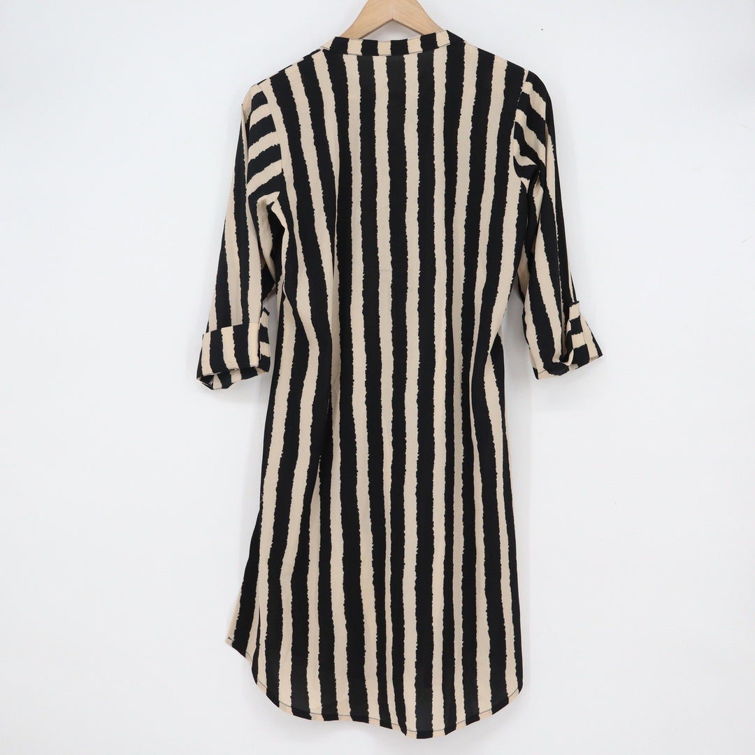 Black Cream Vertical Stripe Tunic Shift Dress Split Neck 3/4 Sleeve One Size