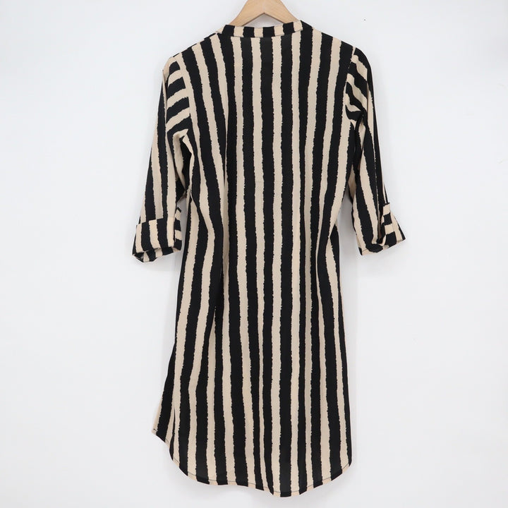 Black Cream Vertical Stripe Tunic Shift Dress Split Neck 3/4 Sleeve One Size