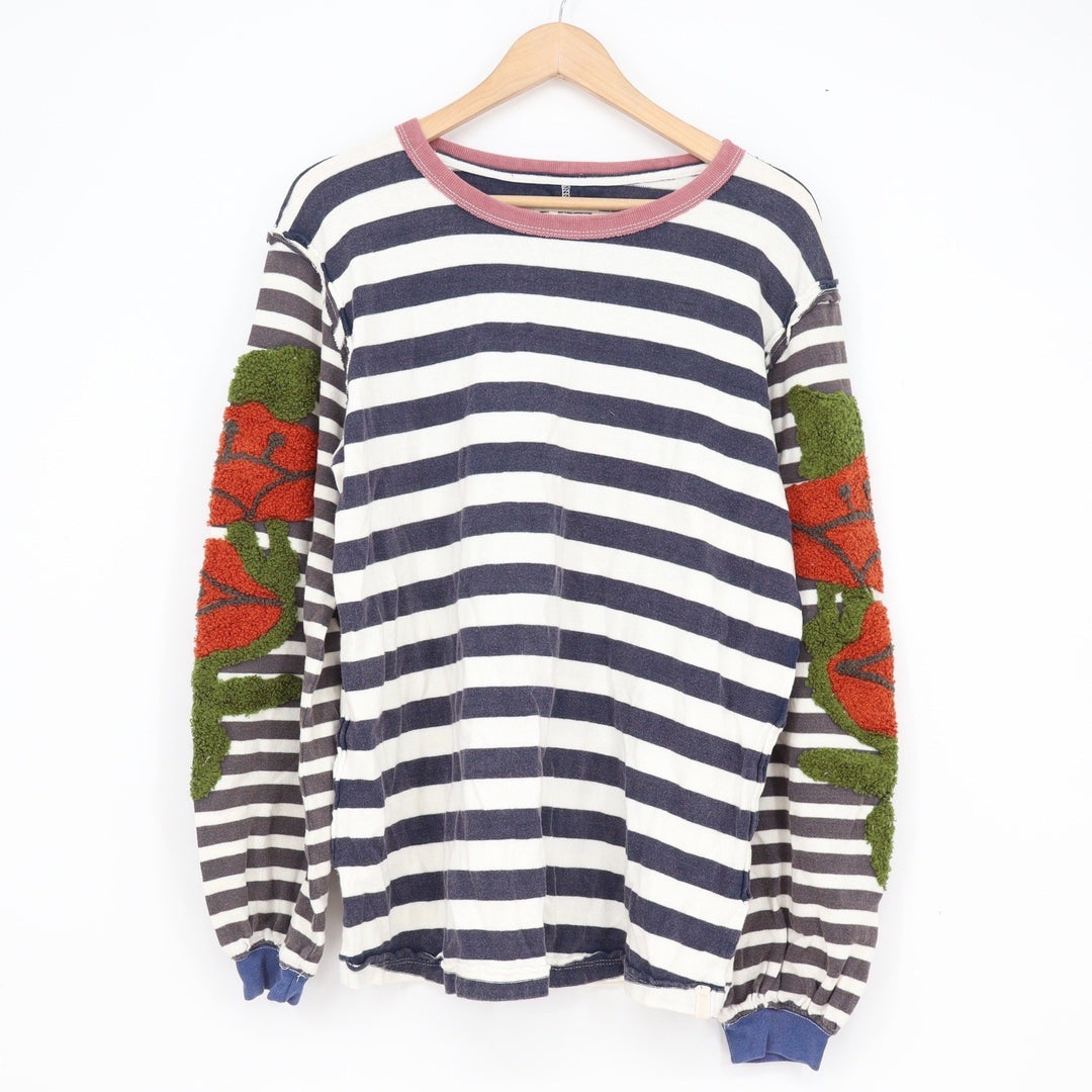 We The Free Free People Striped Floral Chenille Sleeve Top Navy White Small
