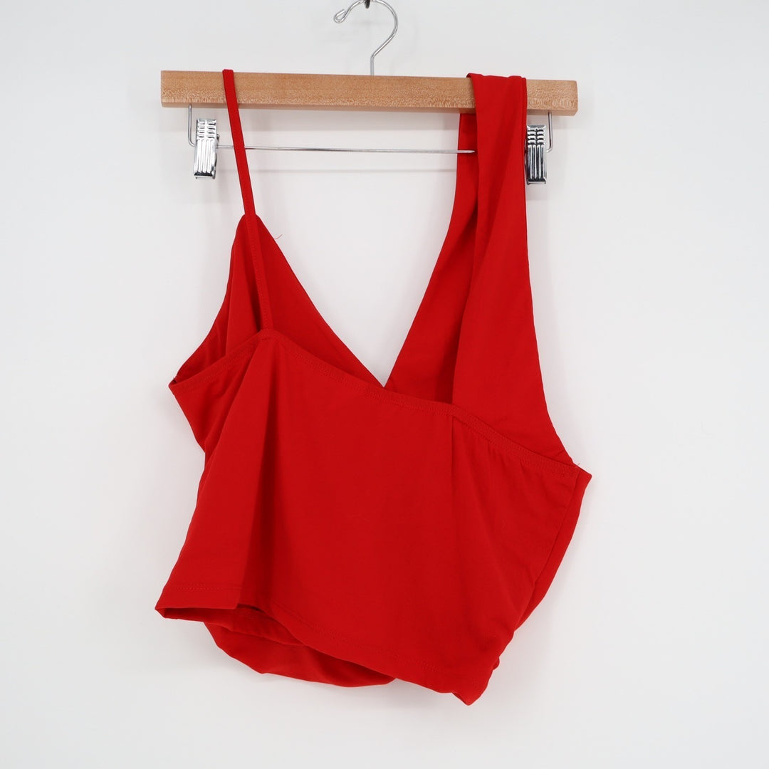 Cropped Top Womens Large Red Stretch Cowl Neck Sleeveless V-Neck Pullover