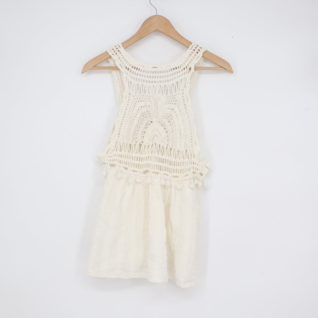Luna Moon Cream Crochet Pom Pom Gauze Sleeveless Boho Top Size M
