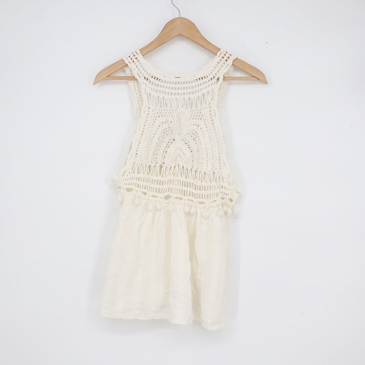 Luna Moon Cream Crochet Pom Pom Gauze Sleeveless Boho Top Size M