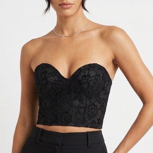 Black Floral Lace Strapless Corset Crop Top Sweetheart Zip Back XS