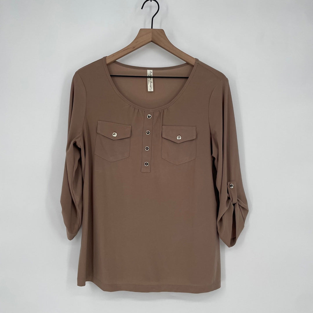 Perception Concept Women's Brown Button Pocket Roll Tab Sleeve Tunic Top Size L
