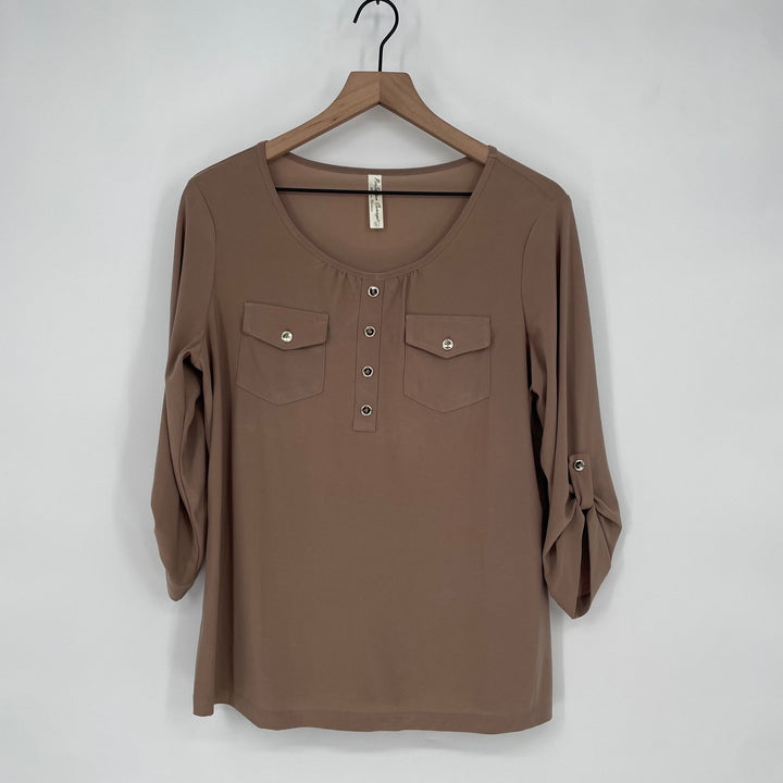 Perception Concept Women's Brown Button Pocket Roll Tab Sleeve Tunic Top Size L
