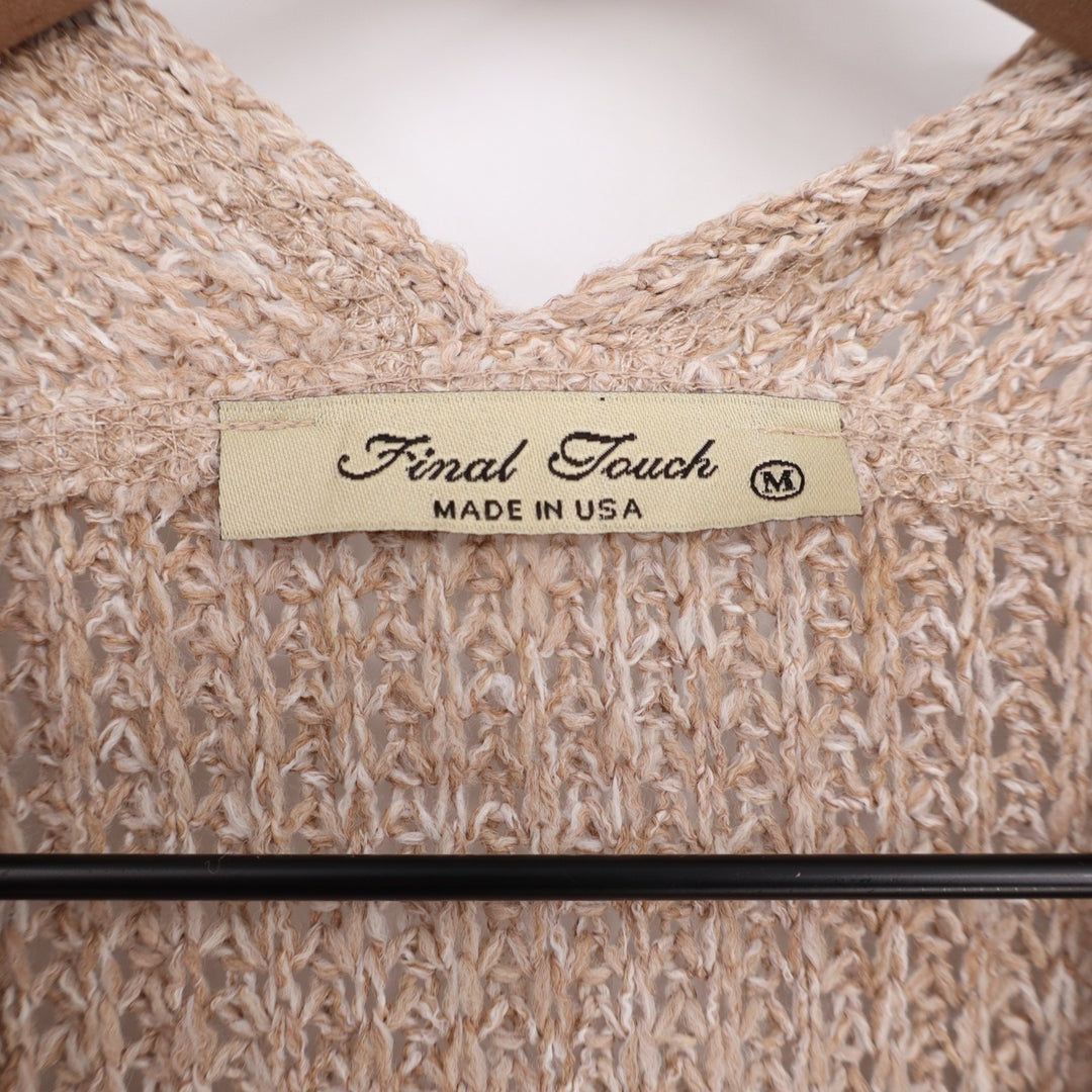 Final Touch Cardigan Sweater Womens Medium Beige Stretch Open Knit front Pockets