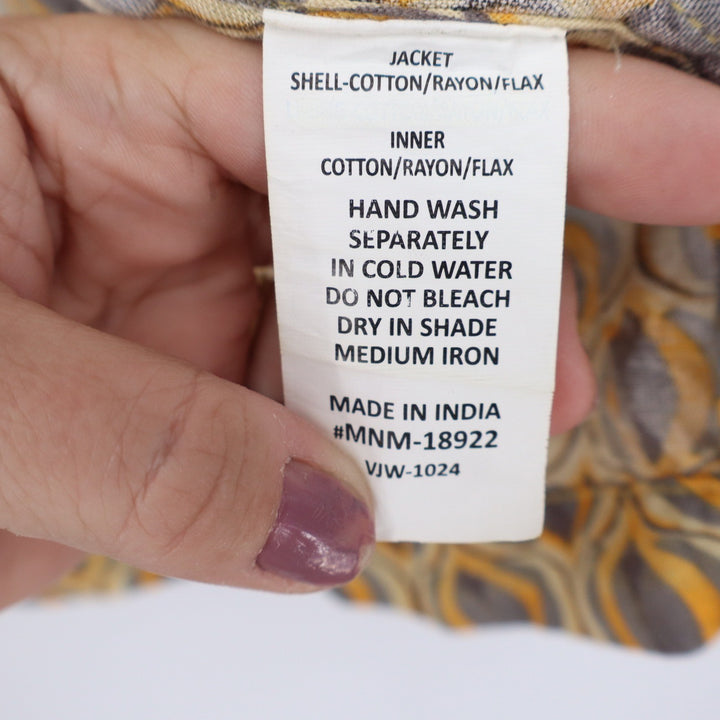 BIBA Yellow Grey Geometric Retro Print Open Front Linen Blend Jacket Size 36