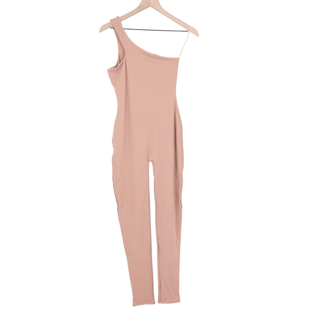 Naked Wardrobe Coco Ribbed One Shoulder Jumpsuit Brown Size M