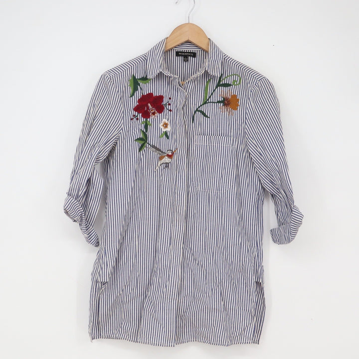Modavanti Button Down Womens S Striped Floral Hummingbird Blue White Fair
