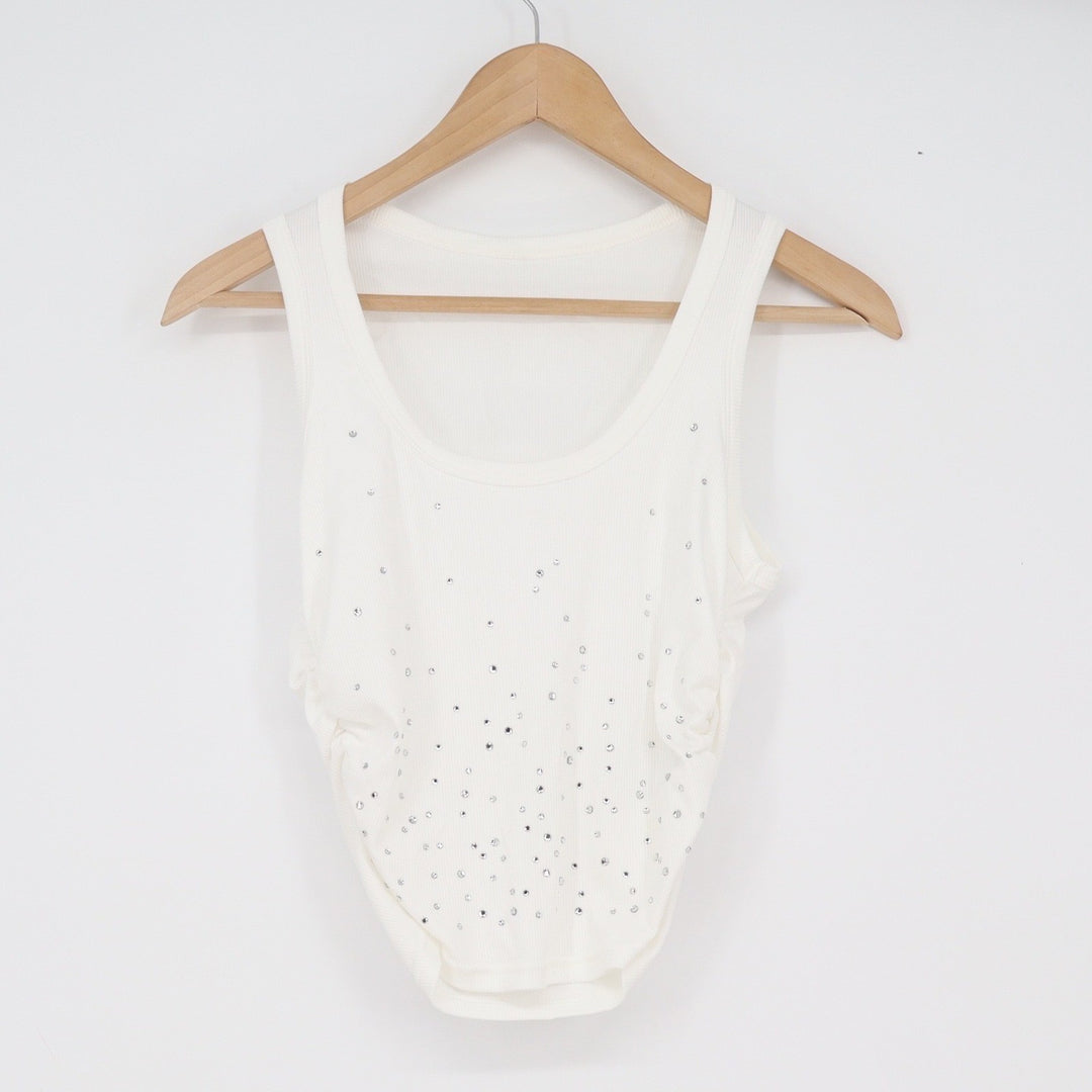 SHEIN White Rhinestone Ribbed Cropped Tank Top Scoop Neck Ruched Sides sz M