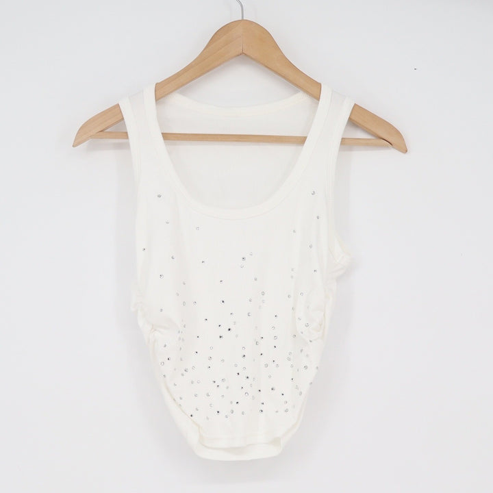 SHEIN White Rhinestone Ribbed Cropped Tank Top Scoop Neck Ruched Sides sz M