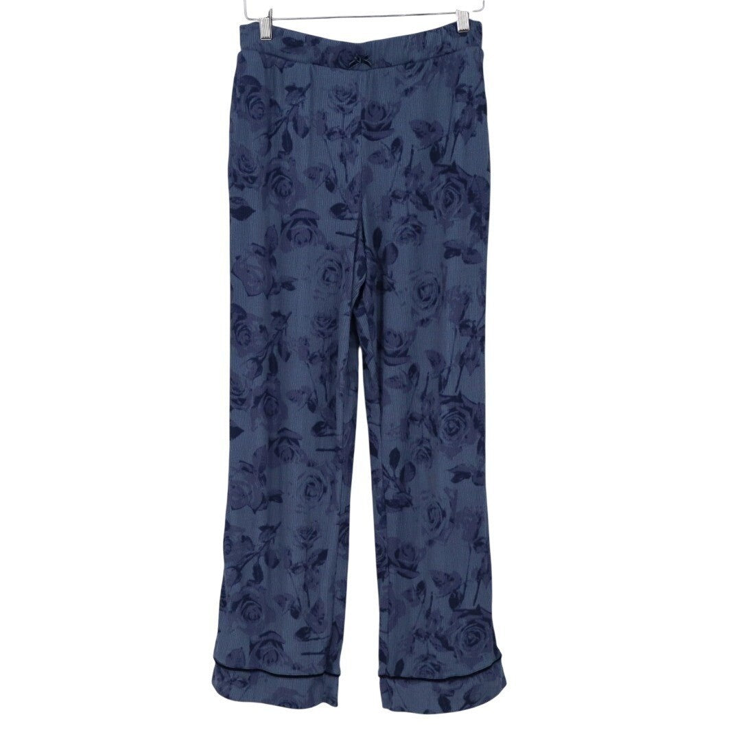 Womens Lounge Pants Medium Blue Floral Ribbed Knit Stretch Pajama Drawstring