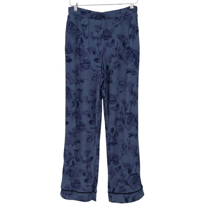 Womens Lounge Pants Medium Blue Floral Ribbed Knit Stretch Pajama Drawstring