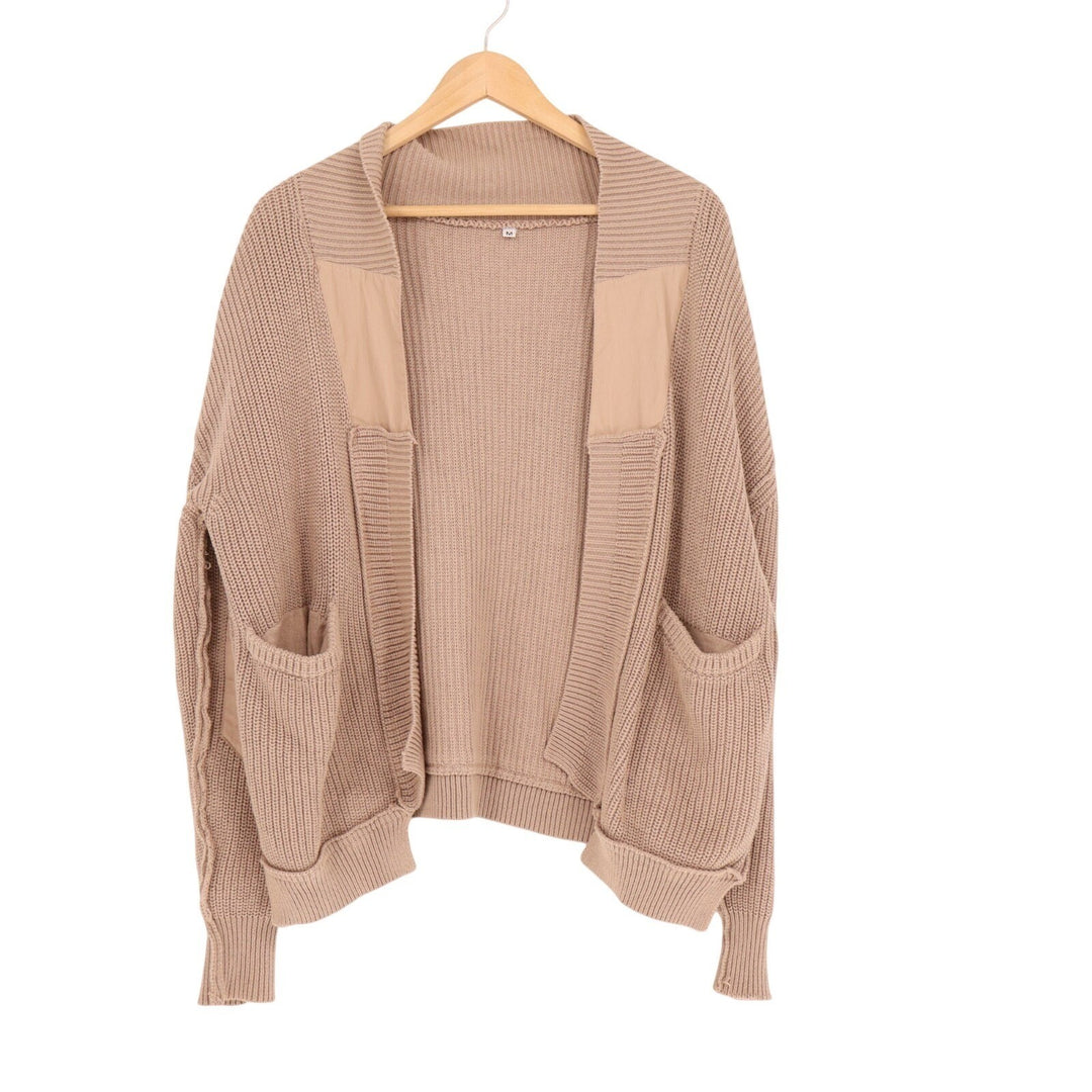 Womens Cardigan Sweater Medium Tan Chunky Knit Open Front Drop Shoulder Winter
