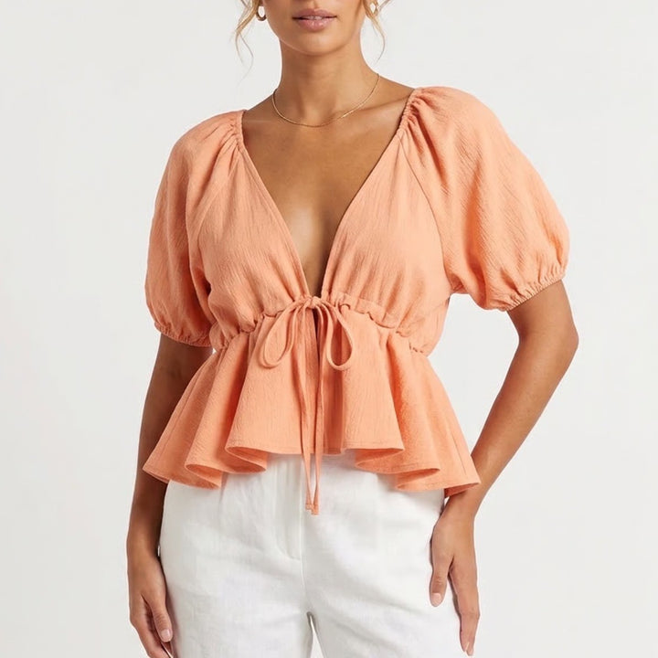Remidoo Peach Puff Sleeve Tie Front Peplum Blouse NWT Large