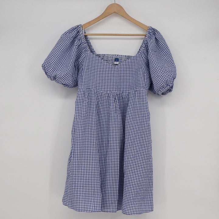 Old Navy Blue Gingham Puff Sleeve Smocked Mini Dress Womens Size M