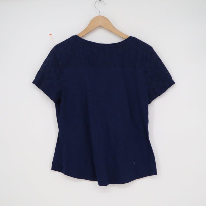 Liz Claiborne Petite Navy Blue Lace Yoke Short Sleeve Top PL