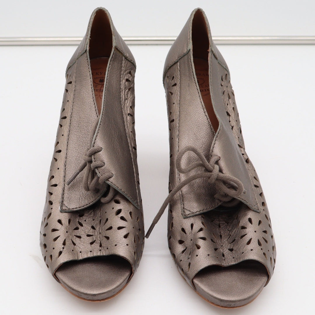 Lucky Brand Peony Metallic Pewter Leather Peep Toe Block Heel Booties 9.5