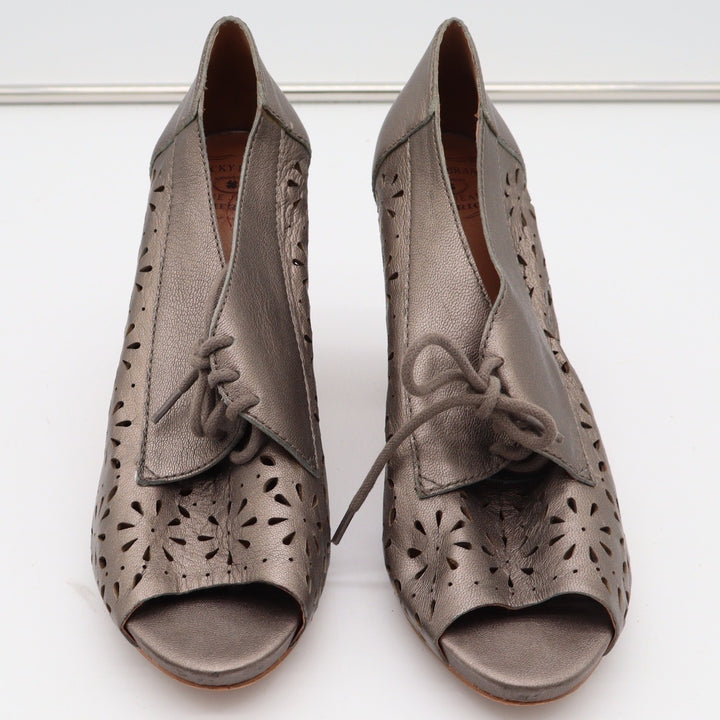 Lucky Brand Peony Metallic Pewter Leather Peep Toe Block Heel Booties 9.5