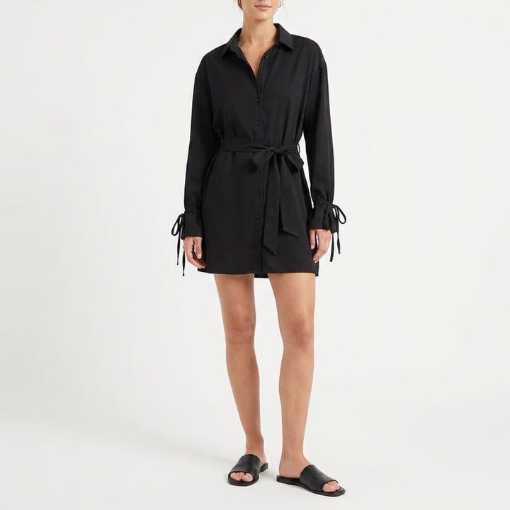 SHEIN Black Button Down Long Sleeve Shirt Dress with Waist Tie and Cuff Ties L