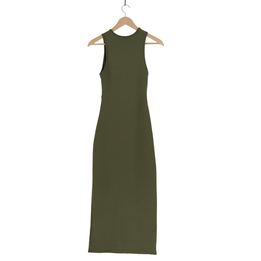 Shein Bodycon Midi Dress Womens XS Olive Green Pleated Round Neck Wide Strap