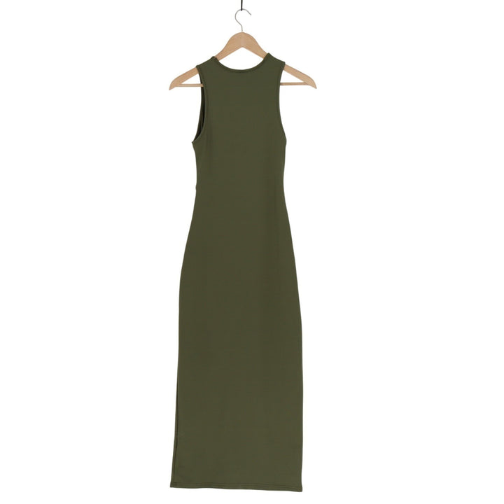 Shein Bodycon Midi Dress Womens XS Olive Green Pleated Round Neck Wide Strap