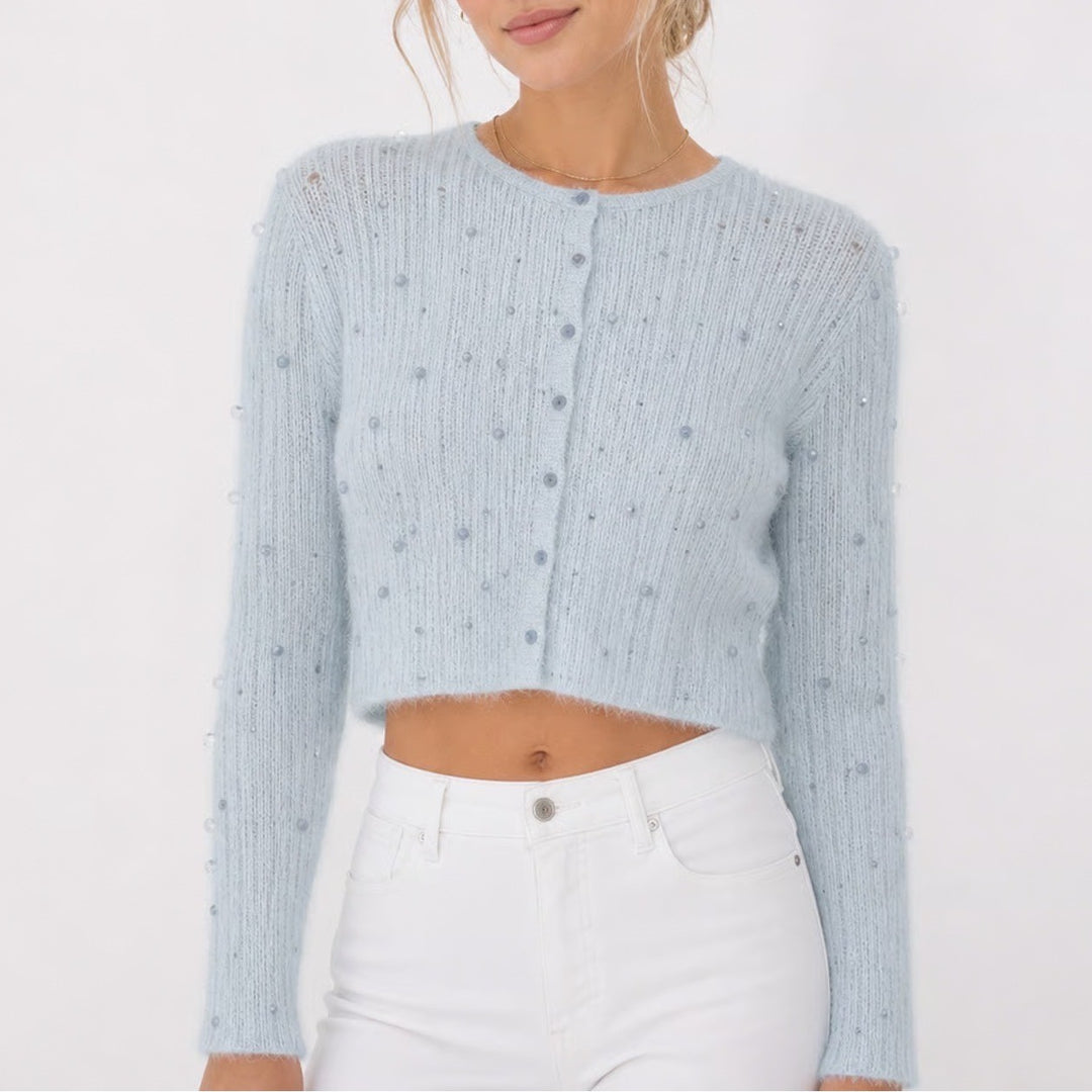 Zara Light Blue Beaded Pointelle Cropped Cardigan Long Sleeve Knit Top Size M