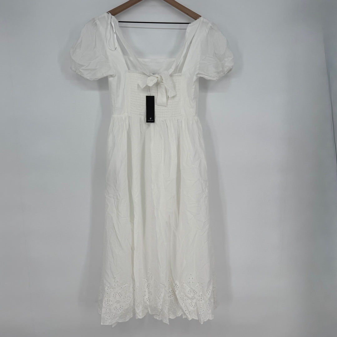 Lulus Stylish Merriment White Puff Sleeve Embroidered Midi Dress Size M