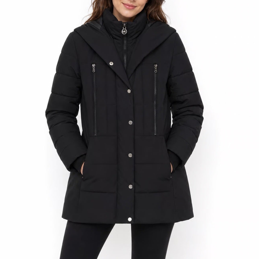 Michael Kors Puffer Jacket Women 1X Black Hooded Quilted Zip Up Good