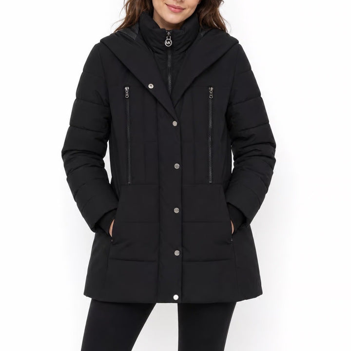 Michael Kors Puffer Jacket Women 1X Black Hooded Quilted Zip Up Good