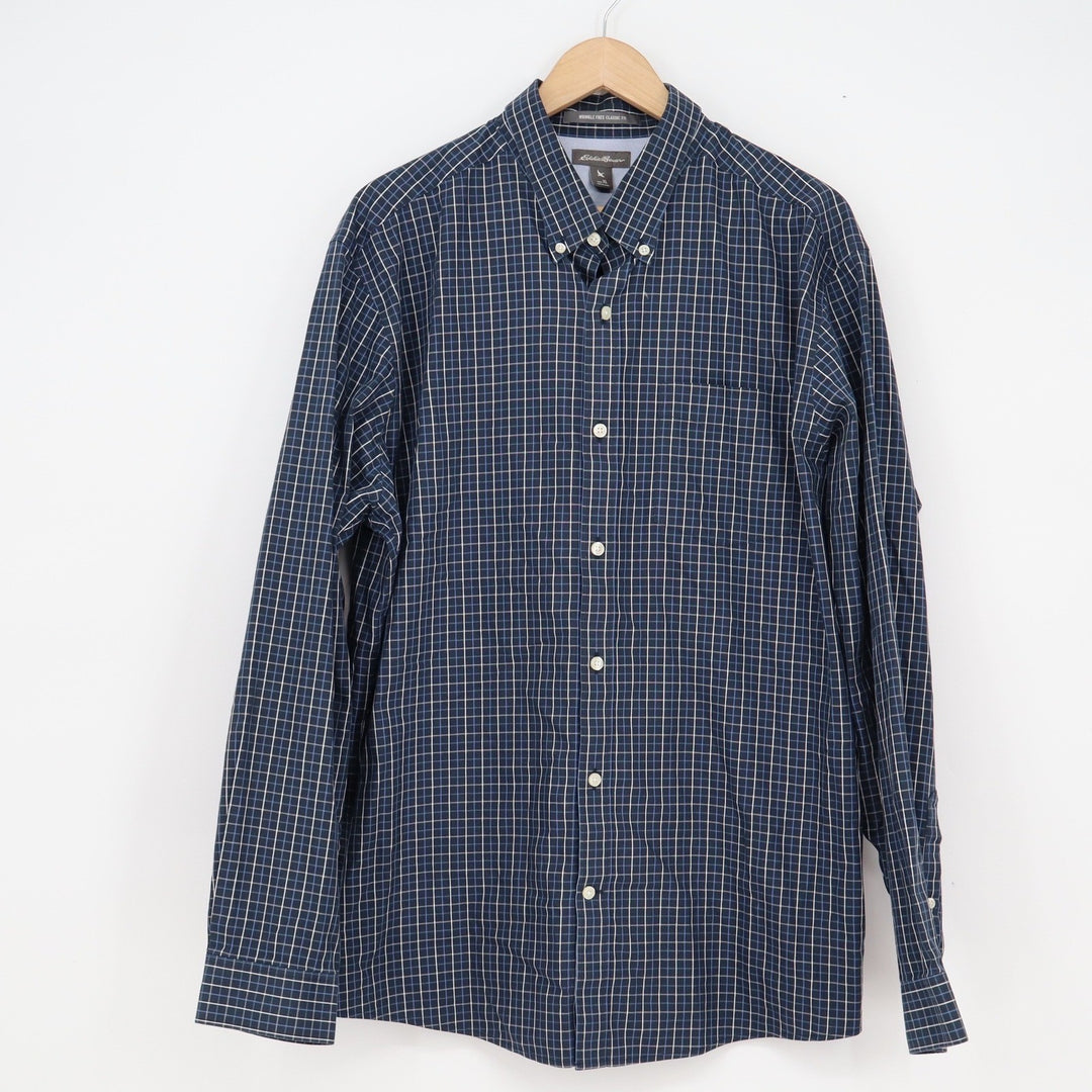 Eddie Bauer Mens XL Wrinkle Free Classic Fit Navy Blue Check Button Down Shirt