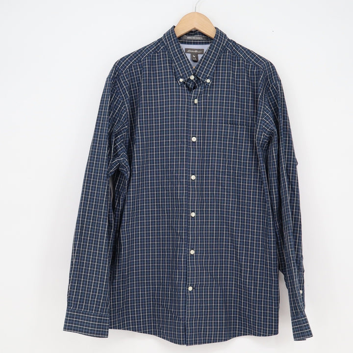 Eddie Bauer Mens XL Wrinkle Free Classic Fit Navy Blue Check Button Down Shirt