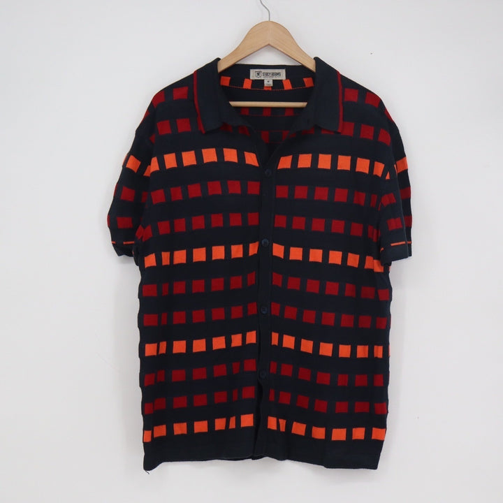 Stacy Adams Mens Knit Polo Shirt Medium Navy Orange Red Geometric Checkered S/S