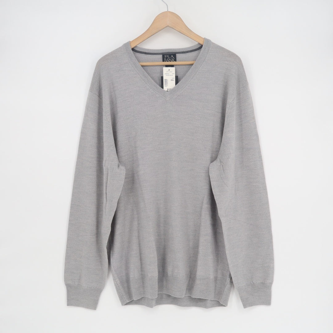 JOS. A. BANK Sweater Men 2XL Heather Gray Wool Rib Tight Knit V-Neck Long Sleeve