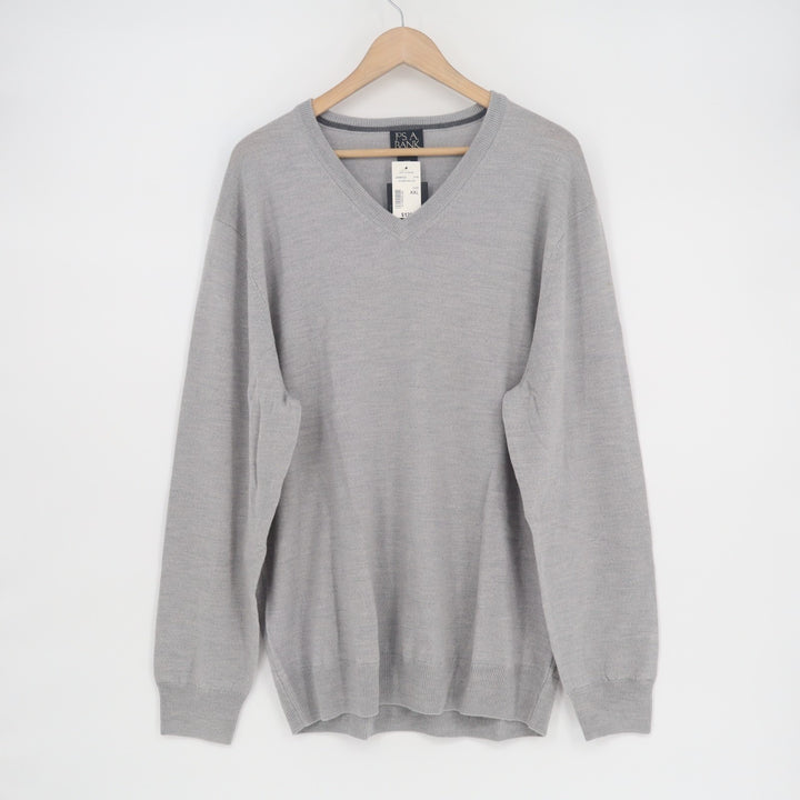 JOS. A. BANK Sweater Men 2XL Heather Gray Wool Rib Tight Knit V-Neck Long Sleeve