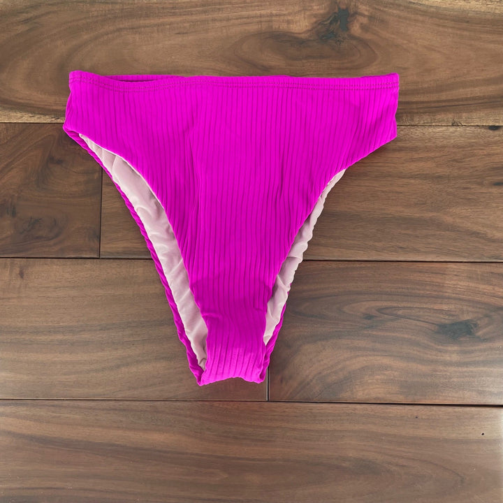 Lulus Set For Vacay Hot Pink Ribbed High Waisted Bikini Bottoms Size S