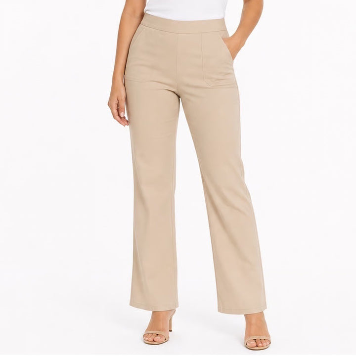 Chloe + Jasmine Tan Beige Pull On Straight Leg Trousers Pants Womens Pockets