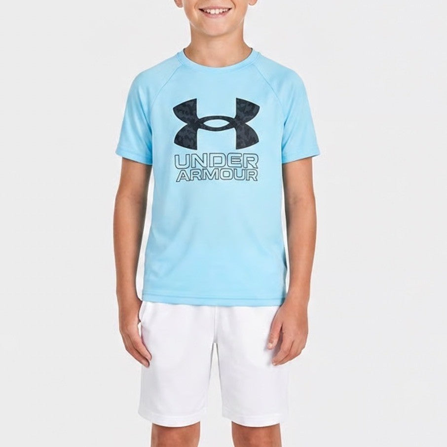 Under Armour Boys Tech Hybrid Print SS Shirt Blue Big Logo Youth Small