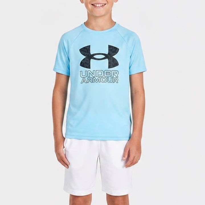Under Armour Boys Tech Hybrid Print SS Shirt Blue Big Logo Youth Small