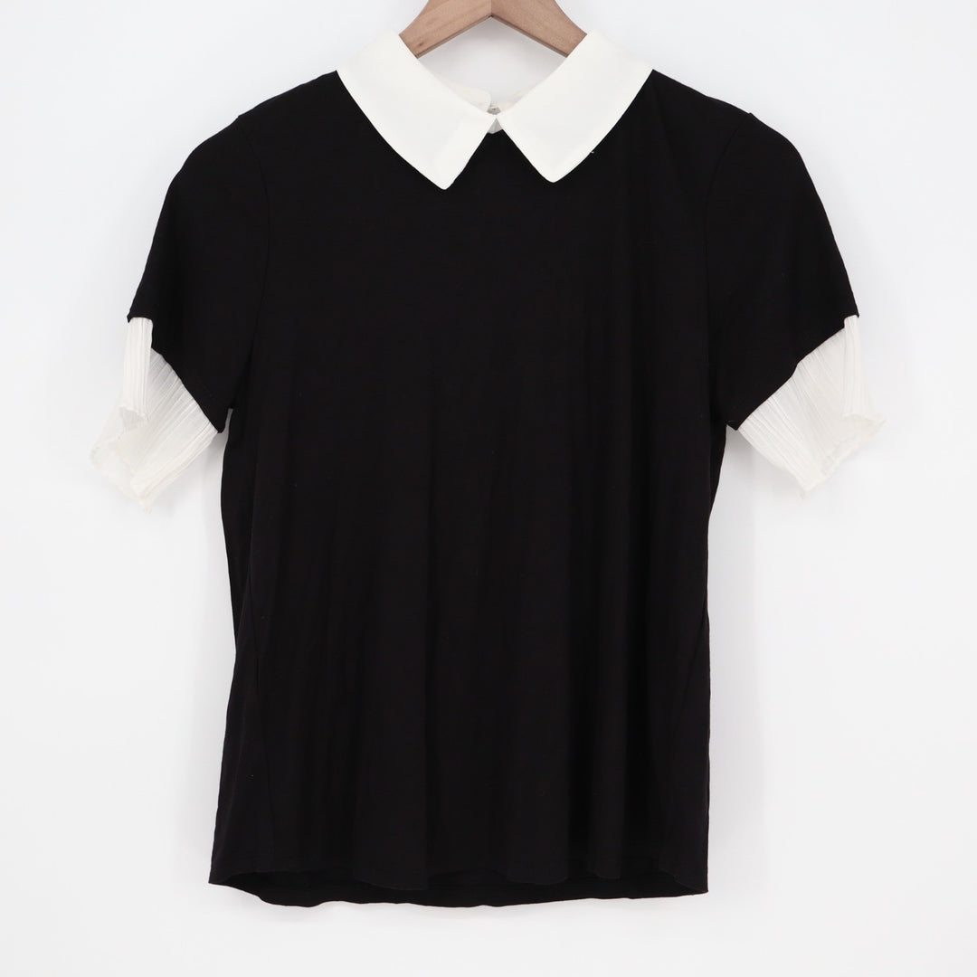 Misia Blouse Womens PM Black White Stretch Contrast Collar Casual Short Sleeve