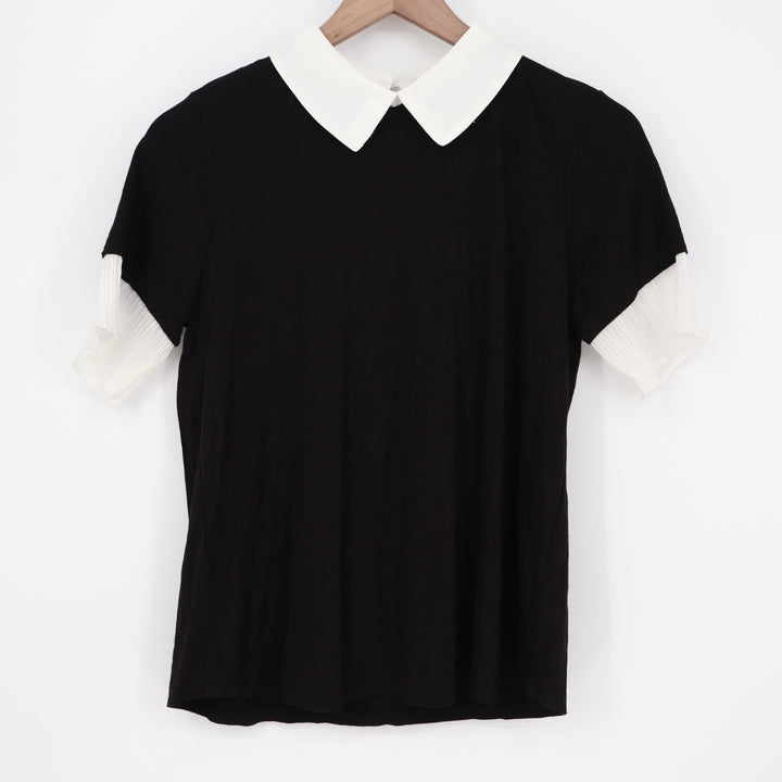 Misia Blouse Womens PM Black White Stretch Contrast Collar Casual Short Sleeve