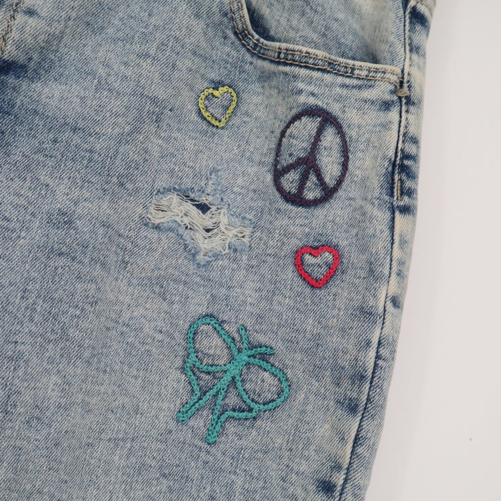 SO Womens High Rise Skinny Jeans Light Acid Wash Embroidered Button Fly Size S
