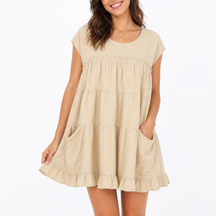 Free People Tan Beige Cotton Gauze Tiered Babydoll Mini Dress Sleeveless Small