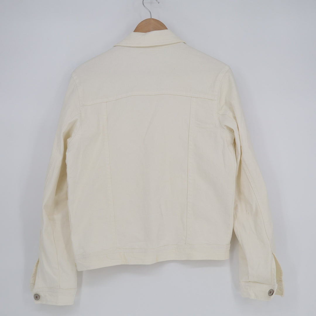 Trucker Jacket Women Medium White Denim Cotton Stretch Long Sleeve Spread Collar