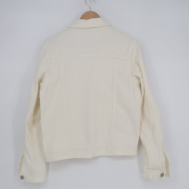 Trucker Jacket Women Medium White Denim Cotton Stretch Long Sleeve Spread Collar